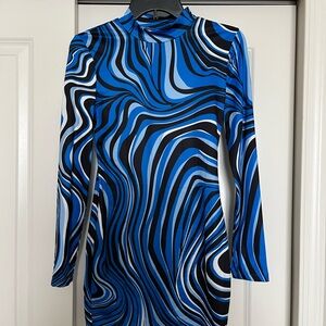 SHEIN Blue and Black Abstract Long Sleeve Mini Dress